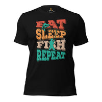 Fly-Fishing & PFG T-Shirt - Gift for Fisherman - Bass Masters & Pros Shirt - Eat Sleep Fish Repeat Retro Aesthetic Shirt - Black