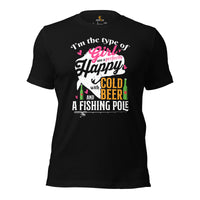 Fishing & PFG T-Shirt - Gift for Fisherman - Bass Masters & Pros Tee - Type Of Girl Who Is Happy With Cold Beer & A Fishing Pole Shirt - Black