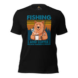 Fishing & PFG T-Shirt - Gift for Fisherman, Coffee Lovers - Smokey The Bear Shirt - Fishing And Coffee Because Murder Is Wrong Shirt - Black