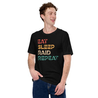 Funny DnD & RPG Games T-Shirt - Xmas Gaming Gift Ideas for Him & Her, Typical Gamers & Game Lovers - Retro Eat Sleep Raid Repeat Shirt - Black