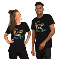 Funny DnD & RPG Games T-Shirt - Xmas Gaming Gift Ideas for Him & Her, Typical Gamers & Game Lovers - Retro Eat Sleep Raid Repeat Shirt - Black, Unisex