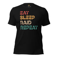 Funny DnD & RPG Games T-Shirt - Xmas Gaming Gift Ideas for Him & Her, Typical Gamers & Game Lovers - Retro Eat Sleep Raid Repeat Shirt - Black