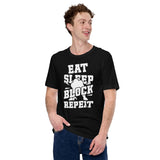 Football Fanatic Vintage Graphic T-Shirt - Gift Ideas for Football Fans - Retro Style Game Day Shirt - Eat Sleep Block Repeat Shirt - Black