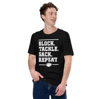 Football Fanatic Vintage Graphic T-Shirt - Gift Ideas for Football Fans - Funny Game Day Shirt - Block Tackle Sack Repeat Shirt - Black