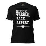 Football Fanatic Vintage Graphic T-Shirt - Gift Ideas for Football Fans - Funny Game Day Shirt - Block Tackle Sack Repeat Shirt - Black