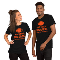 Funny Football Fanatic T-Shirt - She Loves Big Sacks & That Cincinnati D Shirt - Ideal Gifts for Football Fans - Game Day Sarcastic Tee - Black, Unisex