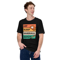 Retro Baseball T-Shirt - Gift Ideas for Him & Her, Baseball Lovers & Enthusiasts - Eat Sleep Baseball Repeat Shirt - Game Day Tees - Black