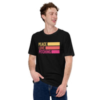 Baseball T-Shirt - Gift Ideas for Him & Her, Baseball Lovers & Enthusiasts - Peace Love Pitching Shirt - Game Day Tees for Men & Women - Black