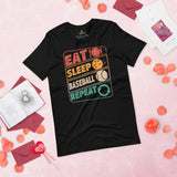 Retro Baseball T-Shirt - Gift Ideas for Him & Her, Baseball Lovers & Enthusiasts - Eat Sleep Baseball Repeat Shirt - Game Day Shirt - Black