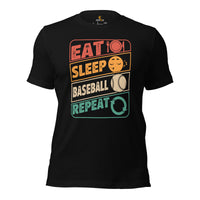 Retro Baseball T-Shirt - Gift Ideas for Him & Her, Baseball Lovers & Enthusiasts - Eat Sleep Baseball Repeat Shirt - Game Day Shirt - Black