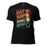 Retro Baseball T-Shirt - Gift Ideas for Him & Her, Baseball Lovers & Enthusiasts - Eat Sleep Baseball Repeat Shirt - Game Day Shirt - Black