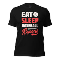 Funny Baseball T-Shirt - Gift Ideas for Him & Her, Baseball Lovers & Enthusiasts - Eat Sleep Baseball Repeat Shirt - Game Day Shirt - Black