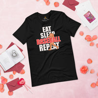Funny Baseball T-Shirt - Gift Ideas for Him & Her, Baseball Lovers & Enthusiasts - Eat Sleep Baseball Repeat Shirt - Game Day Tee - Black