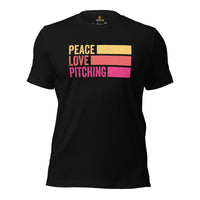 Baseball T-Shirt - Gift Ideas for Him & Her, Baseball Lovers & Enthusiasts - Peace Love Pitching Shirt - Game Day Tees for Men & Women - Black
