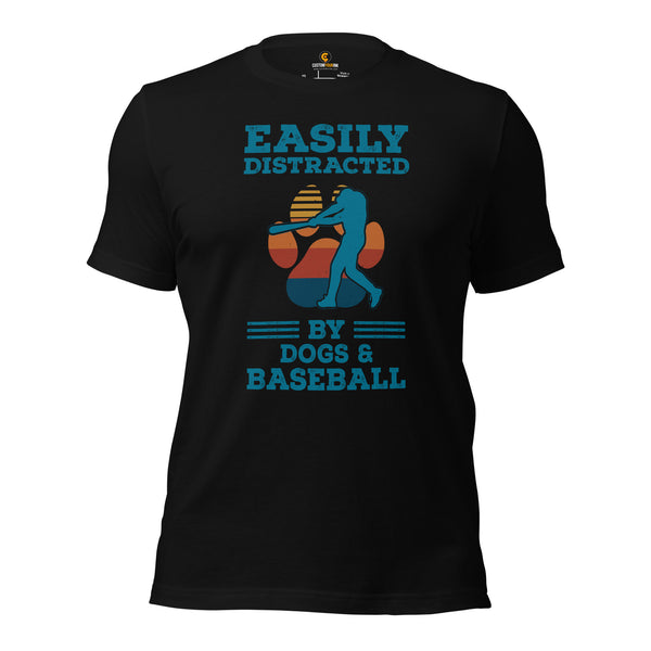 Baseball T-Shirt - Gift Ideas for Him & Her, Dog Lovers, Baseball Lovers & Enthusiasts - Easily Distracted By Dogs And Baseball Shirt - Black