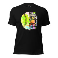 Funny Baseball T-Shirt - Gift Ideas for Her, Baseball Lovers & Enthusiasts - Yes, I Throw Like A Girl Want A Lesson Shirt - Black