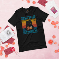 Funny Baseball T-Shirt - Gift Ideas for Him & Her, Wine & Baseball Lovers, Cat Dad & Mom - I Play, I Drink And I Know Things Shirt - Black