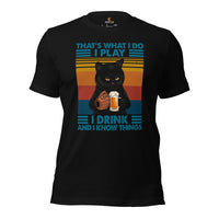 Funny Baseball T-Shirt - Gift Ideas for Him & Her, Beer & Baseball Lovers, Cat Dad & Mom - I Play, I Drink And I Know Things Shirt - Black