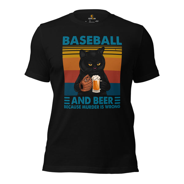 Baseball T-Shirt - Gift Ideas for Him & Her, Beer & Baseball Lovers, Cat Dad & Mom - Baseball And Beer Because Murder Is Wrong Shirt - Black