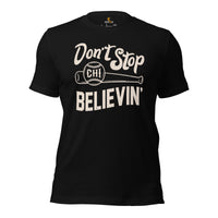 Vintage Baseball T-Shirt - Gift Ideas for Him & Her, Baseball Lovers & Enthusiasts - Don't Stop Believin' Shirt - Retro Game Day Tee - Black