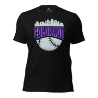 Vintage Colorado Skyline Baseball Fanatic Shirt: Gift Ideas for Him & Her, Baseball Lovers & Enthusiasts - Retro Style Game Day Shirt - Black