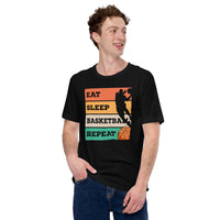 Christmas Gift for Basketball Lovers, Coach & Players - Senior Night, Game Outfit & Attire - Retro Eat Sleep Basketball Repeat Shirt - Black