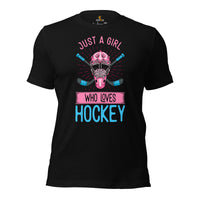 Hockey Jersey, Game Outfit & Attire - Bday & Christmas Gifts for Hockey Players & Goalies - Funny Just A Girl Who Loves Hockey T-Shirt - Black