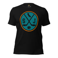 Hockey Game Outfit & Attire - Bday & Christmas Gift Ideas for Hockey Players & Goalies - Vintage San Jose Hockey Emblem Fanatic T-Shirt - Black