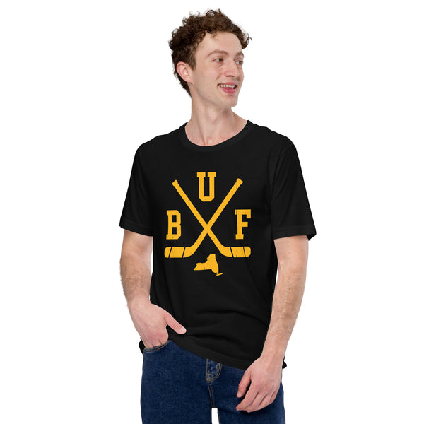 Hockey Game Outfit & Attire - Bday & Christmas Gift Ideas for Hockey Players & Goalies - Retro Buffalo Hockey Emblem Fanatic T-Shirt - Black