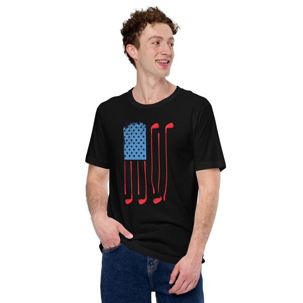 Patriotic Golf Tee Shirt & Outfit - Unique Gift Ideas for Guys, Men & Women, Golfers & Golf Lover - Vintage Golf US Flag Themed T-Shirt - Black