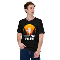 Disk Golf Basket Themed T-Shirt - Frisbee Golf Attire & Apparel - Gift Ideas for Disc Golfers - Funny Effing Tree Retro Sunset T-Shirt - Black