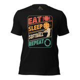 USA Softball Shirt - Game Day Shirt - Gifts for Softball Coachs, Players & Teammates - Softball Dad Shirt - Eat Sleep Softball Repeat Shirt - Black