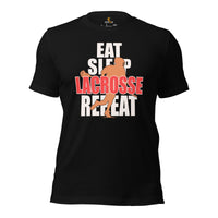 Lax T-Shirt & Clothting - Lacrosse Gifts for Coach & Players - Ideas for Guys, Men & Women - Funny Eat Sleep Lacrosse Repeat T-Shirt - Black