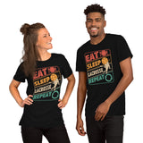Lax T-Shirt & Clothting - Lacrosse Gifts for Coach & Players - Ideas for Guys, Men & Women - 80s Retro Eat Sleep Lacrosse Repeat Tee - Black, Unisex