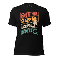 Lax T-Shirt & Clothting - Lacrosse Gifts for Coach & Players - Ideas for Guys, Men & Women - 80s Retro Eat Sleep Lacrosse Repeat Tee - Black
