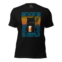 Lax T-Shirt - Lacrosse Gifts for Coach & Players, Cat Lovers - Ideas for Guys, Men & Women - Funny I Play I Drink And I Know Things Tee - Black