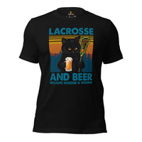 Lax T-Shirt - Lacrosse Gifts for Coach & Players, Cat Lovers - Ideas for Guys & Women - Funny Lax & Beer Because Murder Is Wrong Tee - Black