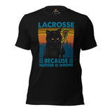 Lax T-Shirt - Lacrosse Gifts for Coach & Players, Cat Lovers - Ideas for Guys, Men & Women - Funny Lacrosse Because Murder Is Wrong Tee - Black