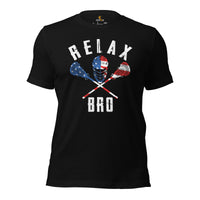 Funny Lacrosse Shirt - USA Flag Shirt - Game Day Shirt - Gift for Lacrosse Player, Coach - Lacrosse T-Shirt - Lax Shirt - Relax Bro T-Shirt - Black
