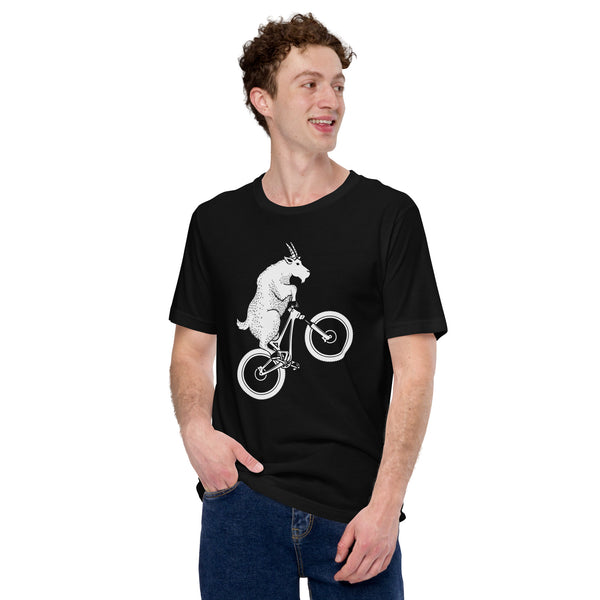 Cycling Gear - MTB Clothing - Mountain Bike Attire, Outfits, Apparel - Unique Gifts for Cyclists - Mountain Bike Stunt Riding Goat Tee - Black