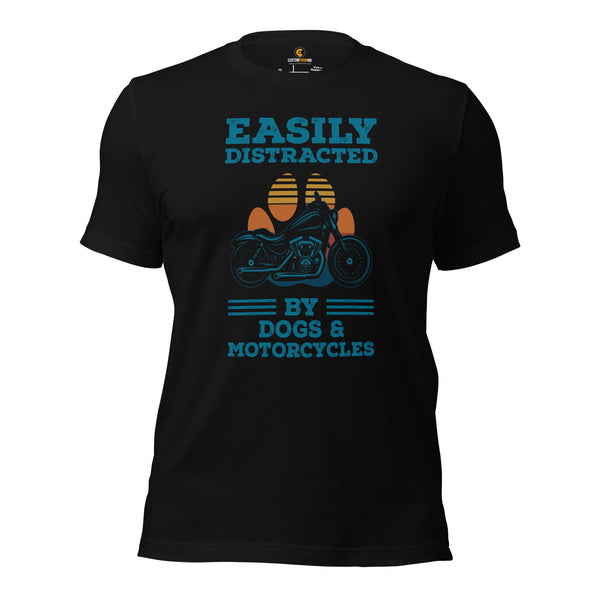 Motorcycle Gear - Gifts for Motorbike Riders, Dog Lovers - Moto Gears, Biker Attire - Funny Easily Disctracted By Dogs & Motorbikes Tee - Black