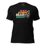 Dirt Motorcycle Gear - Dirt Bike Riding Attire, Clothes - Gifts for Motorbike Riders - Biker Outfits - Retro Eat Sleep Braap Repeat Tee - Black