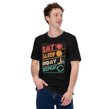 Fishing & Vacation Shirt, Outfit - Boat Party Attire - Gift for Boat Owner, Boater, Fisherman - 80s Retro Eat Sleep Boat Repeat T-Shirt - Black