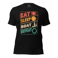 Fishing & Vacation Shirt, Outfit - Boat Party Attire - Gift for Boat Owner, Boater, Fisherman - 80s Retro Eat Sleep Boat Repeat T-Shirt - Black