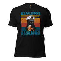 Fishing & Vacation Outfit - Boat Party Attire - Gift for Boat Owner, Cat Lover - Funny Sailing And Beer Because Murder Is Wrong T-Shirt - Black