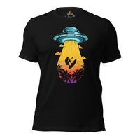 Surfing T-Shirt - Seaside, Beach Vacation Outfit, Attire - Gift Ideas for Surfer, Outdoorsman, Nature Lover - Retro Alien Abduction Tee - Black