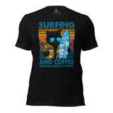 Surfing Shirt - Beach Vacation Outfit, Attire - Gift for Surfer, Outdoorsman, Cat Lover - Surfing & Coffee Because Murder Is Wrong Tee - Black