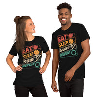 Surfing Shirt - Beach Vacation Outfit, Attire - Gift Ideas for Surfer, Outdoorsman, Nature Lovers - 80s Retro Eat Sleep Surf Repeat Tee - Black, Unisex
