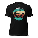 Sasquatch Surfing T-Shirt - Lake Wear - Vacation Outfit, Attire, Clothes - Gift for Surfer, Outdoorsman - Retro Loch Ness Surfing Tee - Black