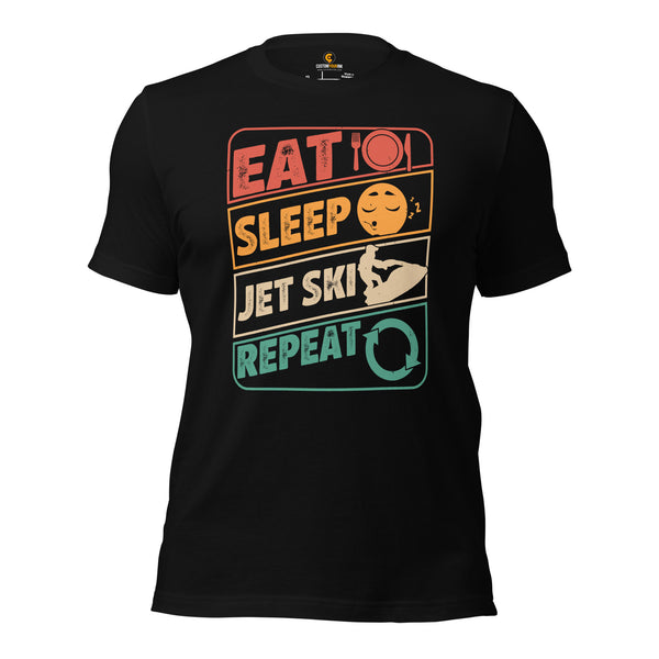 Jet Ski Surfing Shirt & Gear - Beach Vacation Outfit, Attire - Gift Ideas for Surfer, Outdoorsman - Retro Eat Sleep Jet Ski Repeat Tee - Black